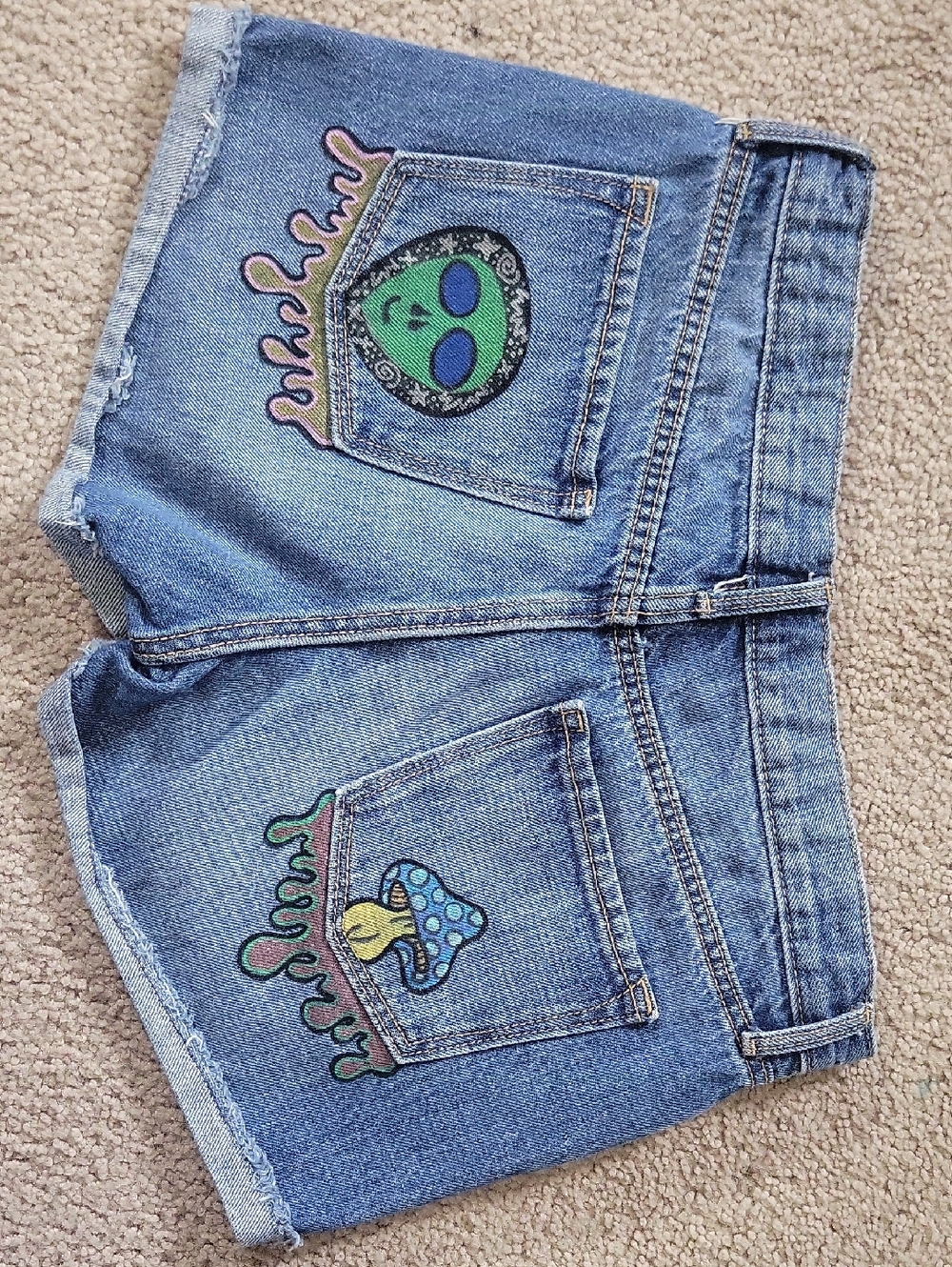 Hand-Painted Denim Shorts with Alien & Mushroom Pockets OOAK